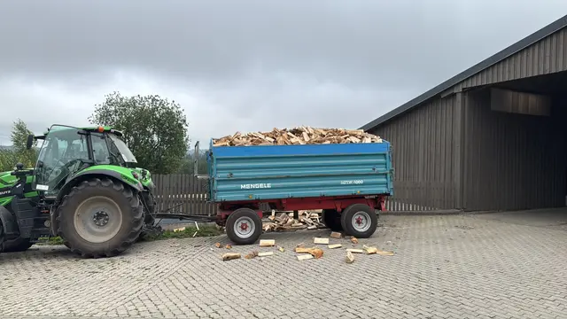Traktor mit blauem Kipperanhänger voll Scheitholz vor der Halle