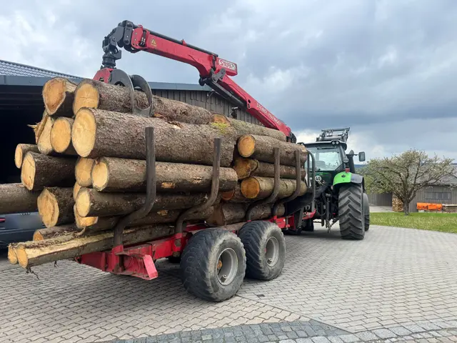 Rückewagen mit Stammholz auf dem Hof